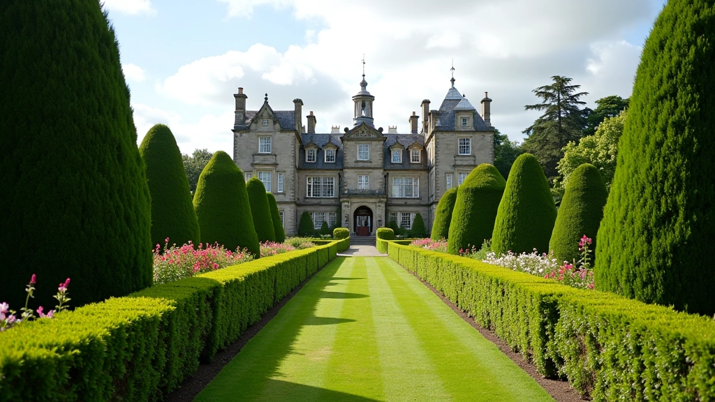 Birr Castle Demesne showing the historic castle structure and surrounding manicured gardens with tall hedges and flower beds