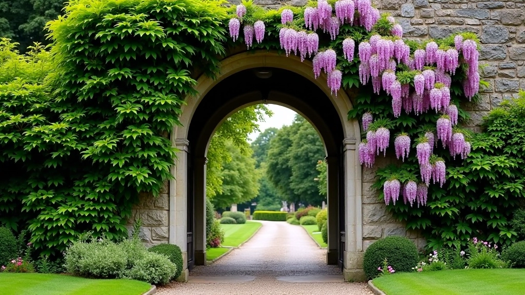 Birr Castle's historic stone archway entrance with climbing ivy and flowering wisteria, leading into the castle grounds