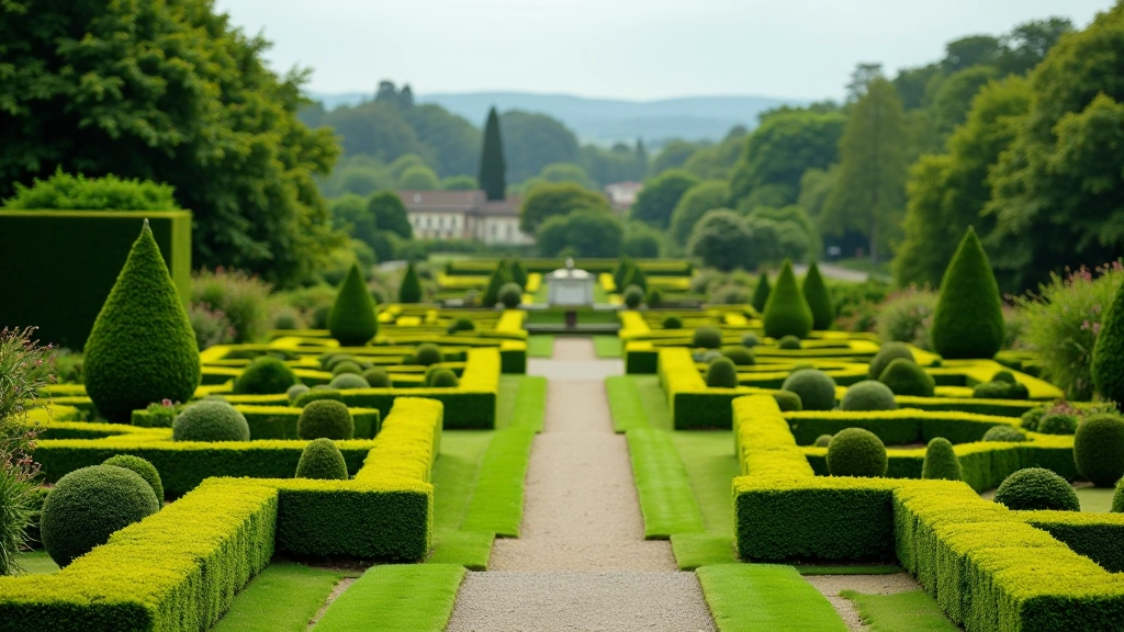 Formal terraced gardens with manicured hedges and ornamental plantings at Powerscourt Estate