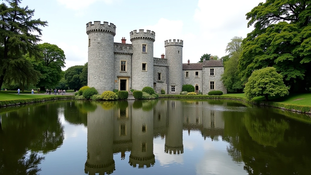 Historic Birr Castle with stone turrets reflected in surrounding water features