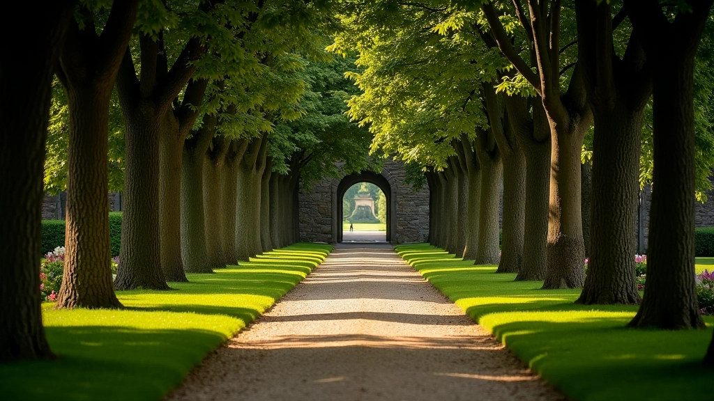 Historic garden pathway with mature trees and formal garden beds