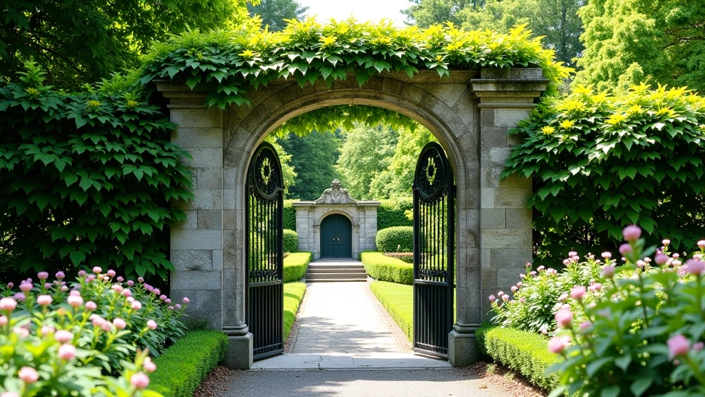 Historic stone entrance gate to a quiet estate garden in Wicklow with ivy-covered walls and flowering borders