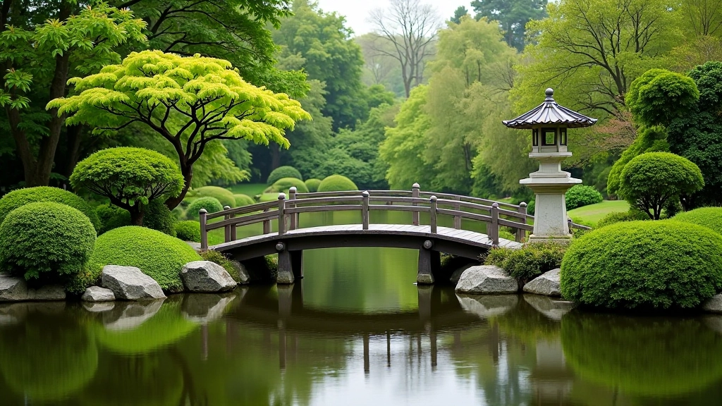 Japanese garden bridge over pond with stone lanterns and carefully placed rocks, surrounded by manicured plantings