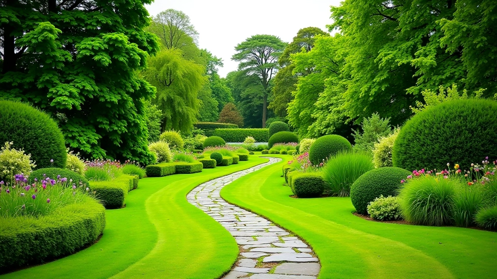 Lush green gardens with stone pathways winding through heritage estate grounds in Wicklow, Ireland, surrounded by mature trees and flowering borders