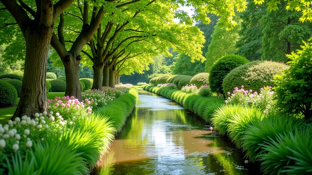 Mount Usher Gardens riverside path lined with mature trees and flowering plants along the flowing water