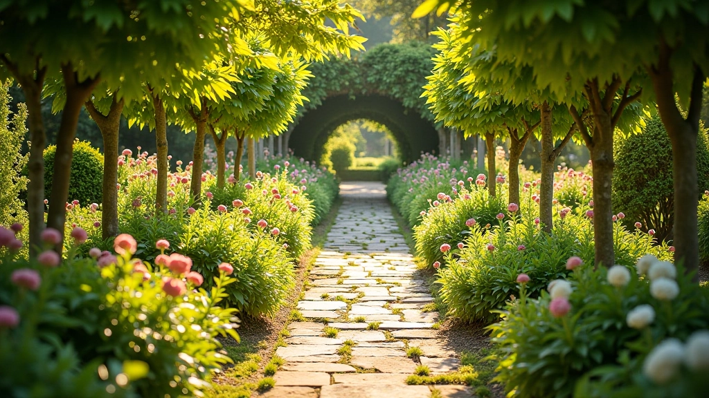 Group of retirees enjoying leisurely walk through manicured estate grounds