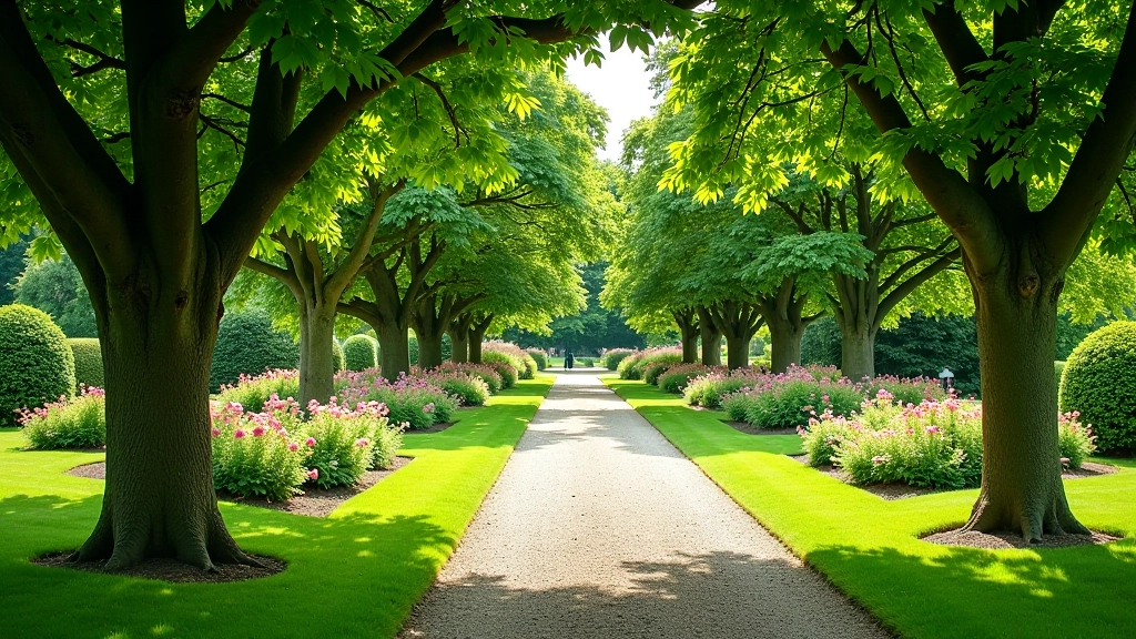 Peaceful garden vista with flowering borders, winding gravel path, and mature trees creating natural archways