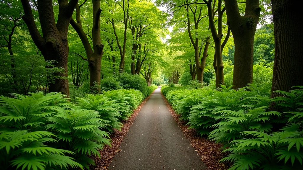 Riverside woodland path with mature trees and ferns at Mount Usher Gardens