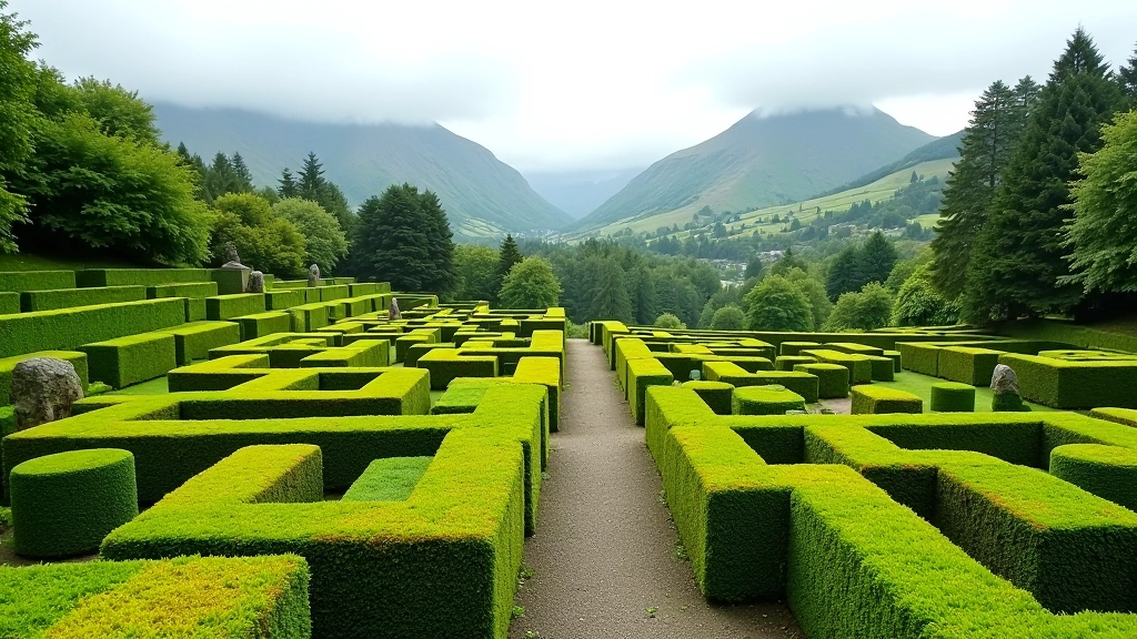Terraced gardens at Powerscourt with geometric design and mountain views in background