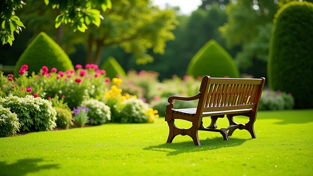 Wooden garden bench positioned on a lawn overlooking flowering borders and mature shrubs in afternoon light