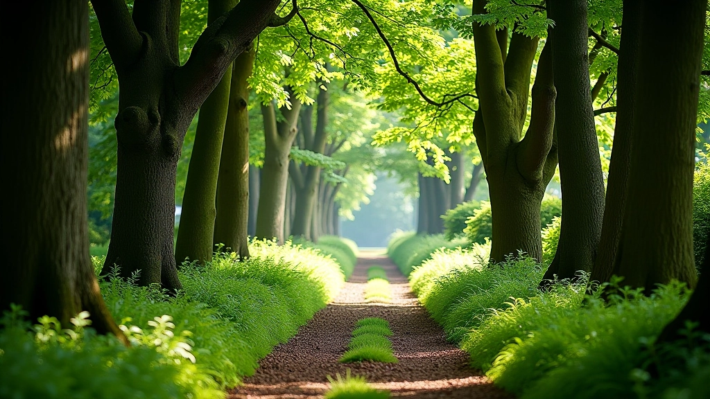 Woodland pathway with dappled sunlight filtering through mature trees, moss-covered ground, peaceful garden setting