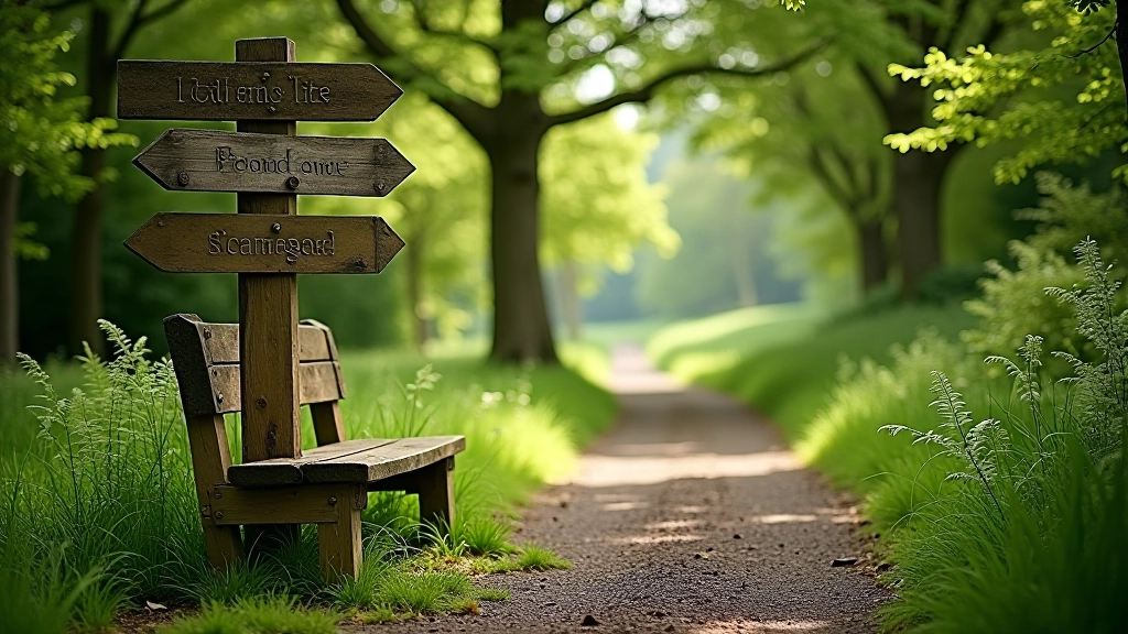 Woodland path junction with signage, multiple directions, bench visible under trees, peaceful morning atmosphere